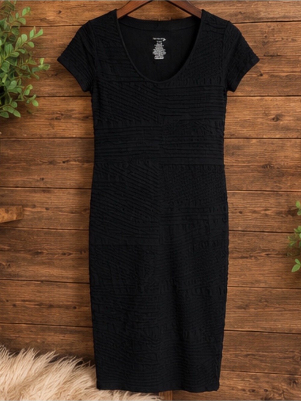 Free People Black Textured Scoop-Neck Midi Dress